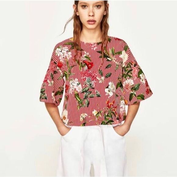 Zara - Floral Stipe V Back with Tie - Flare Sleeve Top sz XS - Picture 6 of 8